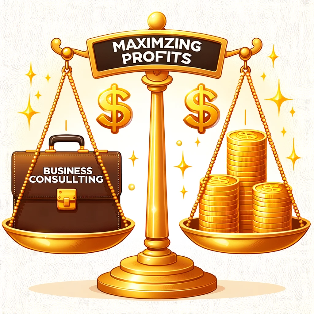 Illustration of a golden balance scale_ On one side, there’s a briefcase labeled ‘Business Consulting’ and on the other, stacks of gold coins symboliz