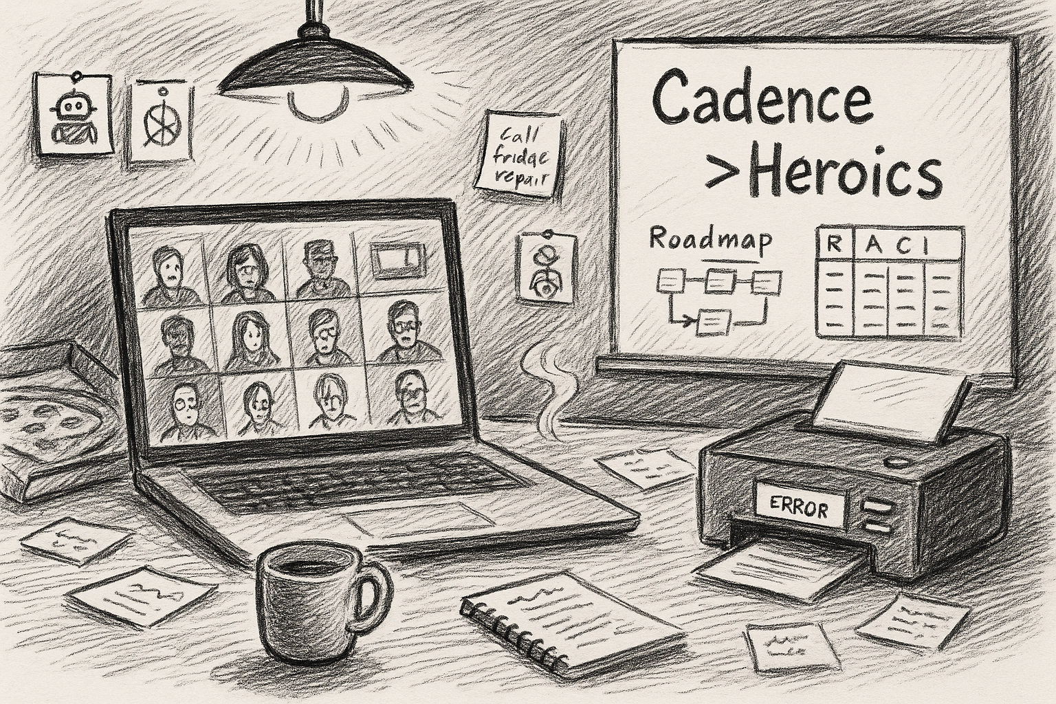 Laptop displaying a video conference with multiple participants, notes scattered on a desk, coffee cup, printer showing an error message, and a whiteboard with "Cadence > Heroics" and a roadmap diagram, reflecting remote work dynamics and productivity challenges.