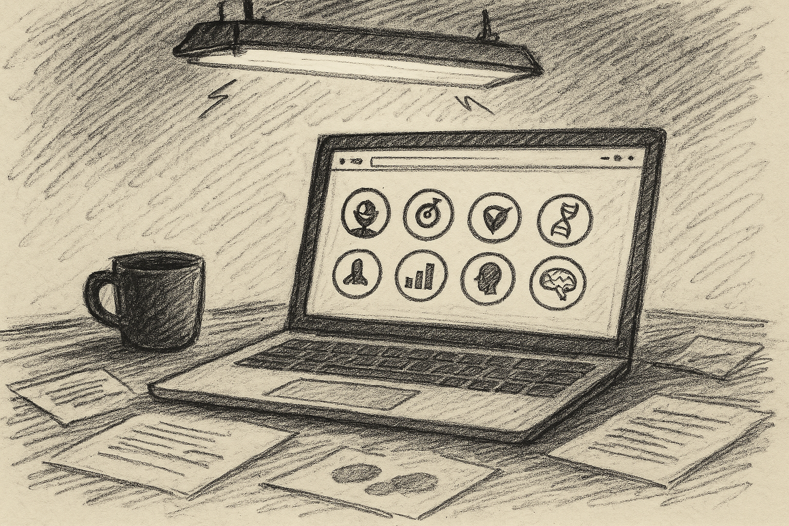 Laptop displaying business leadership advisory tools icons, with coffee mug and scattered papers on desk, emphasizing organizational clarity and strategic planning.